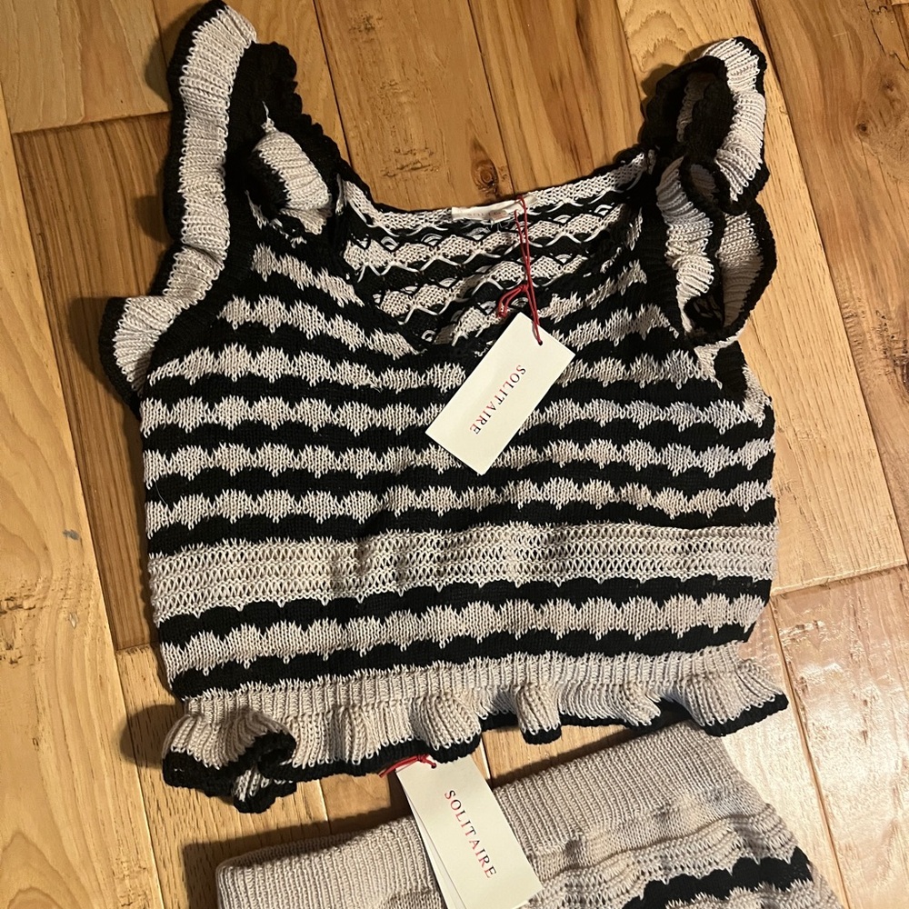 Crochet Striped Black and Cream Two Piece Set